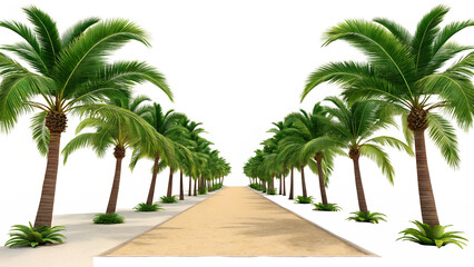 Fototapeta premium A symmetrical composition showcasing a beautiful palm tree lined path leading towards the bright sky isolated on transparent background