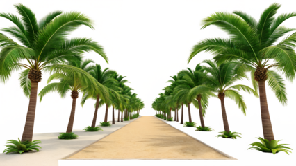 A symmetrical composition showcasing a beautiful palm tree lined path leading towards the bright sky isolated on transparent background