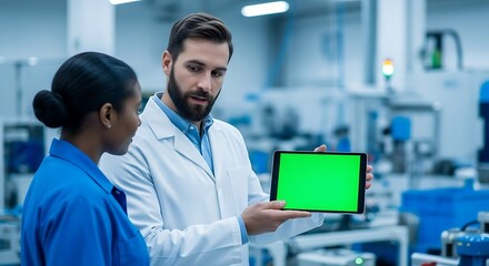 Engineers Collaborate on Tablet with Green Screen in Factory Setting
