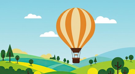 Striped Hot Air Balloon Over Green Hills Under Blue Sky