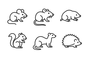 Outline illustrations of various small mammals: mouse, rat, mole, squirrel, weasel, hedgehog