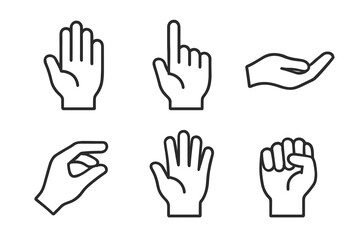 Obraz premium Set of minimalist hand gesture icons: open palm, pointing, fist, pinching, outstretched hands