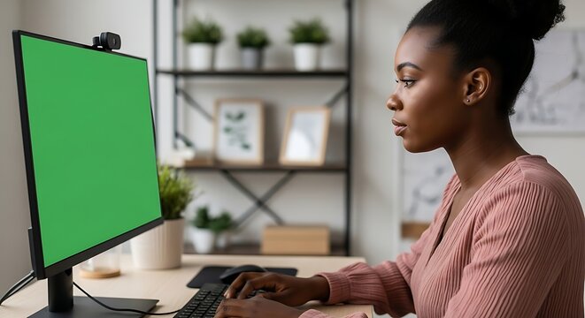 Focused African American Woman Works on Green Screen Computer in Home Office