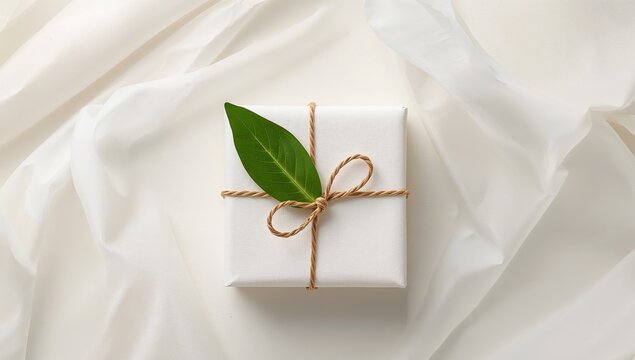 Minimalist Gift Presentation with Green Leaf and Natural Twine on White Fabric.