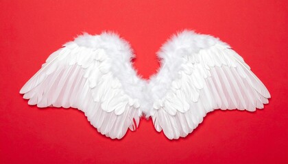 White angel wings spread open against bright red background with layered feathers symbolizing purity divinity and emotional intensity for fantasy and symbolic visuals