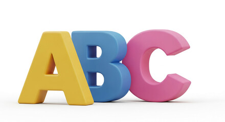 Three-dimensional letters ABC in yellow, blue, and pink, against a white background, showcasing a playful and educational concept, ideal for children's products or educational resources