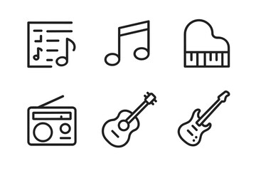 Set of music icons: sheet music, note, piano, radio, acoustic and electric guitar