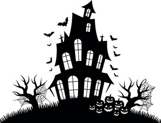 Spooky silhouette haunted mansion with bats and pumpkins a classic halloween scene vector