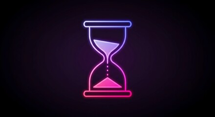 Captivating neon hourglass glows with vibrant pink and blue hues against a dark background, symbolizing the passage of time and urgency