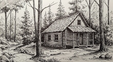 Charming rustic log cabin nestled amongst tall trees beside a winding creek, evoking peaceful solitude and natural beauty in a hand-drawn sketch style