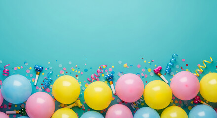 Pastel balloons, confetti, and party blowers on a teal background create a festive scene, ideal for celebrations, announcements or invitations, offering ample free space for text