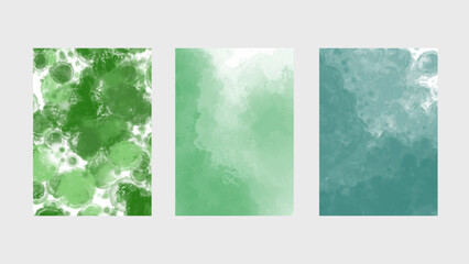 Collection of green watercolor backgrounds featuring natural tones and fluid brushwork. Perfect for eco-themed designs, stationery. vector.