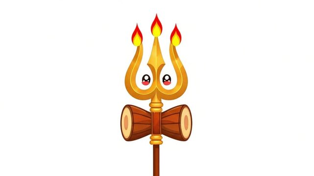 Trident with a drum, a Hindu religious symbol with a golden trident and a brown drum on a white background.