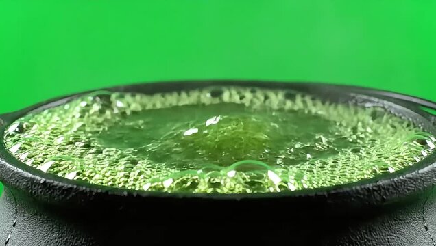 Bubbling green potion in a cauldron on a vibrant green background