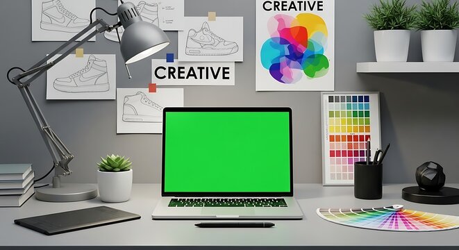 Modern Designer's Workspace with Green Screen Laptop