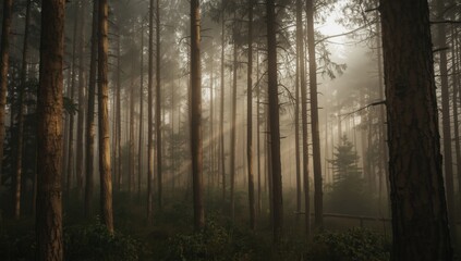 Obraz premium Foggy Forest with a Dense Canopy