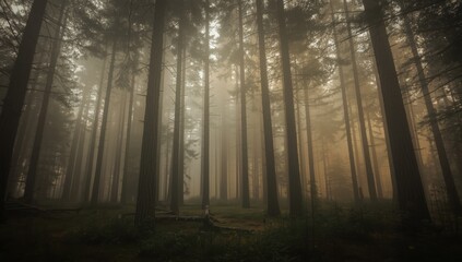 Obraz premium Dense Forest Covered in a Thick Fog