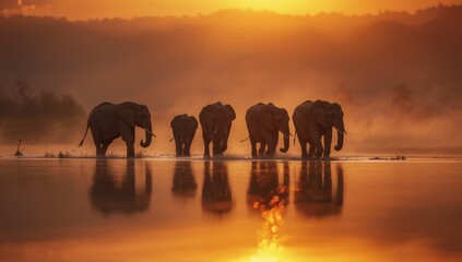 Fototapeta premium Majestic Elephants at a Calm Lake at Sunset