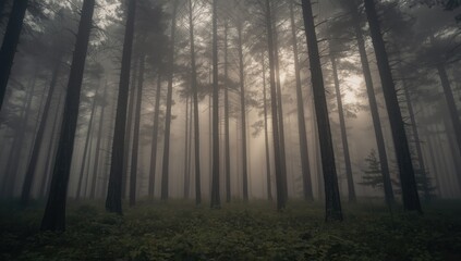 Fototapeta premium Majestic Pine Trees in a Misty Forest