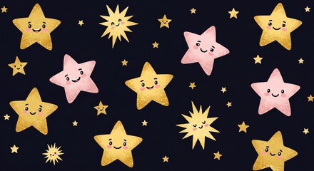 Whimsical gold and pink cartoon stars twinkle merrily against a dark night sky, creating a charming and playful celestial scene perfect for children's decor and themes