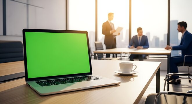 Modern Office Meeting with Laptop and Coffee Cup, Green Screen Display