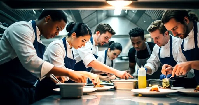 Diverse culinary team meticulously preparing exquisite dishes in a professional kitchen setting.