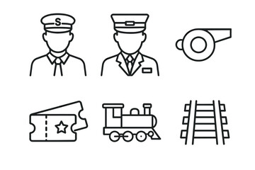 Train conductor icons: engineers, whistle, ticket, locomotive, rails