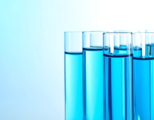 Close-up of several test tubes filled with light-blue liquid