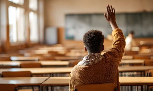 A student raising their hand in a large classroom