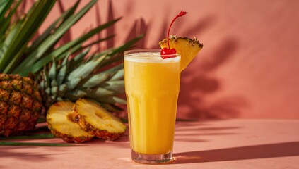 Refreshing Pineapple Cocktail with Cherry Garnish on a Pink Background.