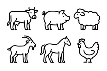 Fototapeta premium Outline illustrations of farm animals: cow, pig, sheep, goat, horse, chicken