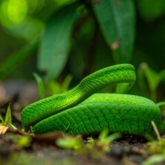 Green Snake Coiled on Forest Floor