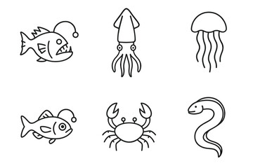 Line art sea creatures: fish, squid, jellyfish, crab, eel outlines