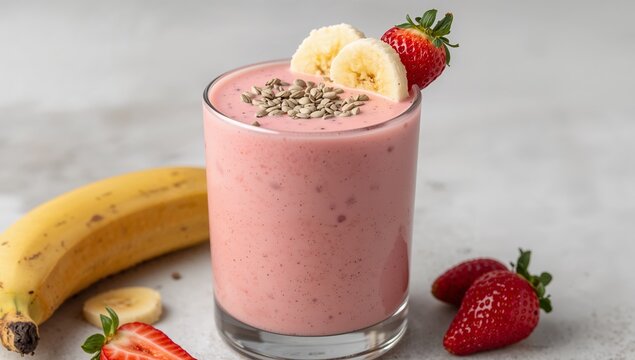 Refreshing Strawberry Banana Smoothie with Sunflower Seeds and Fresh Fruit.