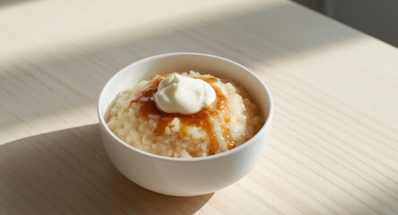 Rice Pudding with Caramel and Cream Topping, a Delicious Dessert in White Bowl.