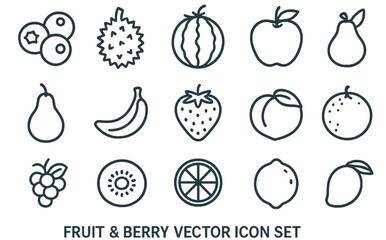 Collection of simple line icons representing various fruits and berries in a vector graphic style