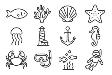 Explore the wonders of ocean life through a collection of marine-themed icons featuring sea creatures and underwater elements
