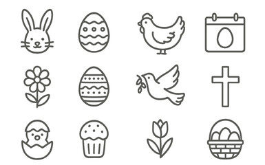 Spring holiday celebration with festive symbols including a bunny, eggs, flowers, and more in a cheerful arrangement