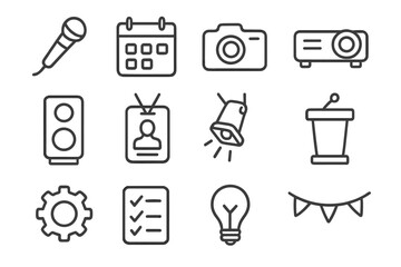 Various icons representing event planning, entertainment, and media production elements for a successful gathering