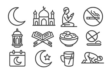 Icons representing Islamic practices and symbols related to prayer, Ramadan, and cultural traditions during nighttime