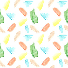Seamless watercolor pattern with colorful abstract spots and splashes. Hand painted design, ideal for fabric, textile prints, wallpaper, wrapping paper, invitations and modern backgrounds.