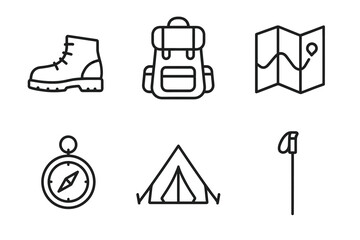 Camping adventure essentials: backpack, tent, boots, map, compass, hiking stick icons