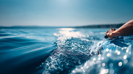 Close-up of a hand holding onto a surfboard speeding through the ocean creating spray