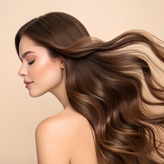 Naklejka premium A young Caucasian woman with long, flowing brown hair poses against a neutral background. She has a serene expression and smooth skin.