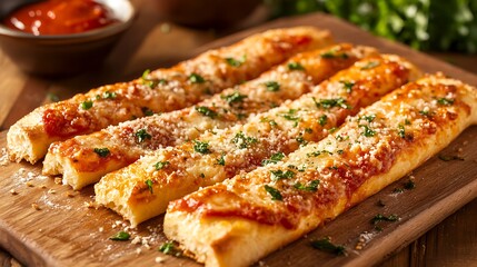 Garlic bread sticks with tomato sauce and parmesan cheese