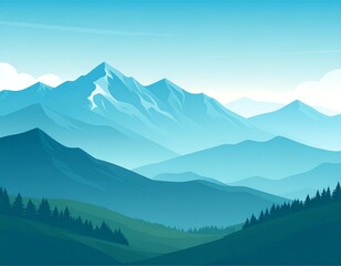 Vast mountain range, soft blues and greens, tranquil scene