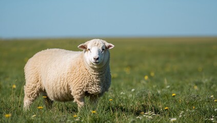 Fototapeta premium Sheep Grazing Peacefully in a Green Meadow Under a Clear Blue Sky, Full Body View.