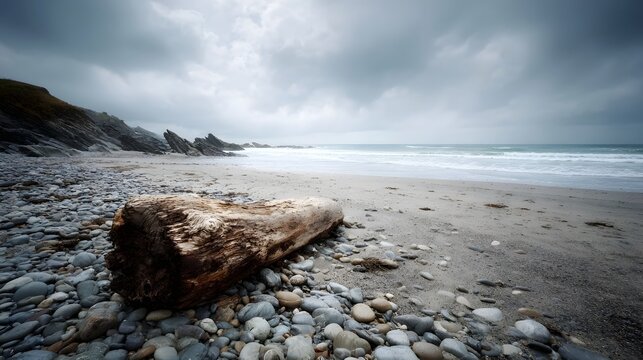 A large piece of weathered driftwood rests on a rugged pebble strewn beach with a cloudy sky overlooking the vast ocean and rocky coastline - Powered by Adobe