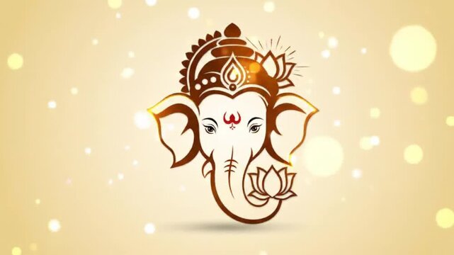 Illustration of Ganesha with a lotus flower on a warm golden background with bokeh lights.