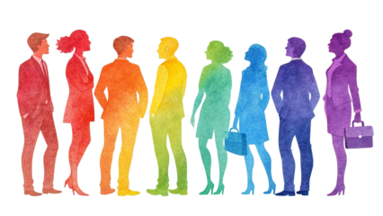 Business group in rainbow watercolor silhouettes, symbol of teamwork and inclusion, isolated transparent background.